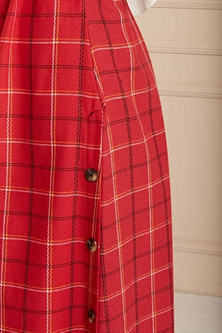Ekoseli Gömlek Yaka Tesettür Elbise 9040-2 Kırmızı - Thumbnail