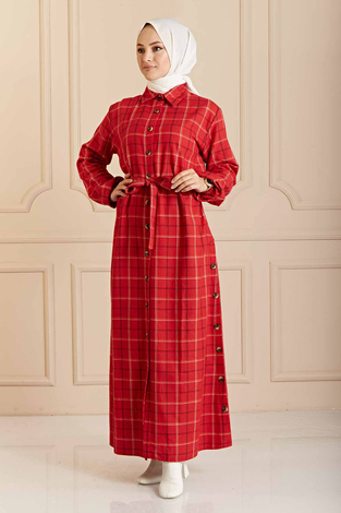 Ekoseli Gömlek Yaka Tesettür Elbise 9040-2 Kırmızı - Thumbnail