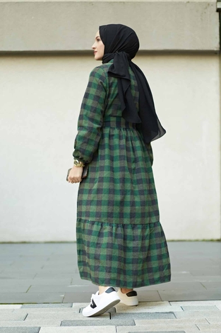 Ekoseli Salaş Elbise 100MD5623 Haki - Thumbnail