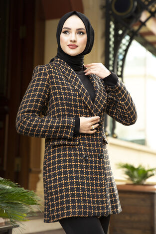 Kareli Tesettür Ceket Taba - Thumbnail