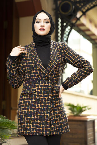Kareli Tesettür Ceket Taba - Thumbnail