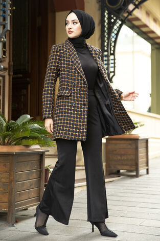 Kareli Tesettür Ceket Taba - Thumbnail