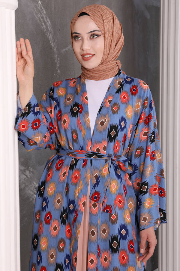 Elmas Desenli Tesettür Kimono Mavi