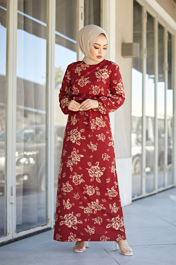  - Emily Tesettür Elbise 7551-2 Bordo