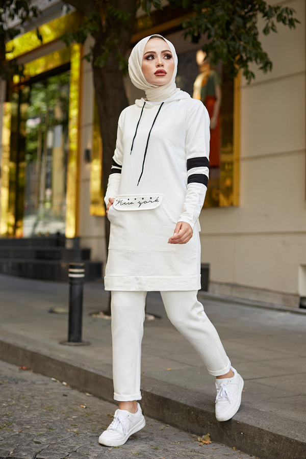  - EMR Şeritli Sweat Tunik 9752-12 Beyaz