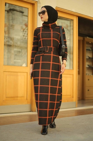 ESSI Turtleneck Dress 6448-3 Black- Brick - Thumbnail