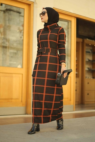 ESSI Turtleneck Dress 6448-3 Black- Brick - Thumbnail