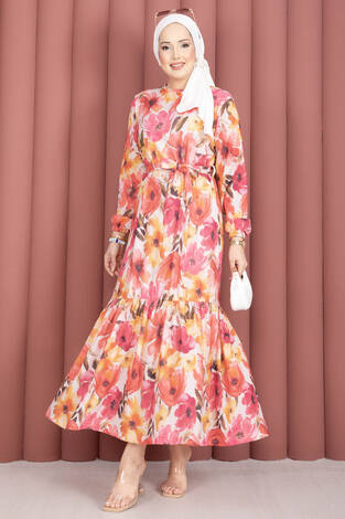 Eteği Büzgülü Kuşaklı Desenli Elbise Fuşya - Thumbnail