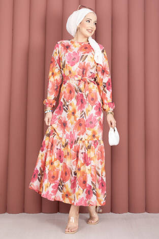 Eteği Büzgülü Kuşaklı Desenli Elbise Fuşya - Thumbnail