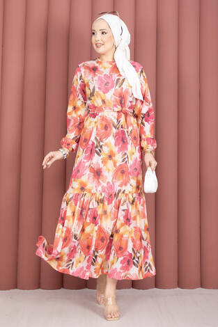 Eteği Büzgülü Kuşaklı Desenli Elbise Fuşya - Thumbnail
