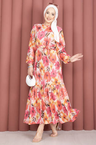Eteği Büzgülü Kuşaklı Desenli Elbise Fuşya - Thumbnail