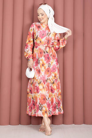 Eteği Büzgülü Kuşaklı Desenli Elbise Fuşya - Thumbnail