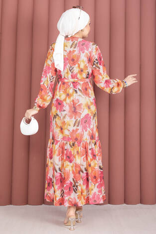 Eteği Büzgülü Kuşaklı Desenli Elbise Fuşya - Thumbnail