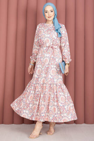 Eteği Büzgülü Kuşaklı Desenli Elbise Krem - Thumbnail