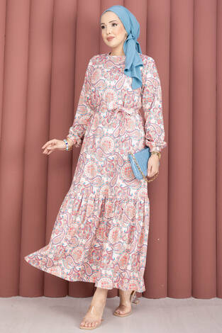 Eteği Büzgülü Kuşaklı Desenli Elbise Krem - Thumbnail