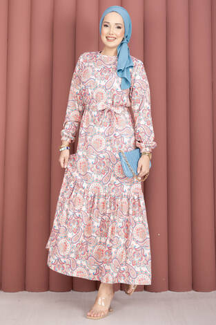 Eteği Büzgülü Kuşaklı Desenli Elbise Krem - Thumbnail