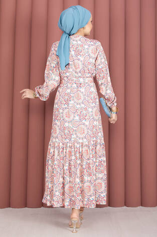 Eteği Büzgülü Kuşaklı Desenli Elbise Krem - Thumbnail