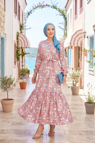 Eteği Büzgülü Kuşaklı Desenli Elbise Krem - Thumbnail