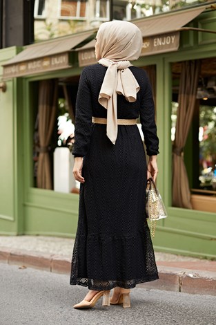 Eteği Fırfırlı Dantel Elbise 7229-3 Siyah - Thumbnail