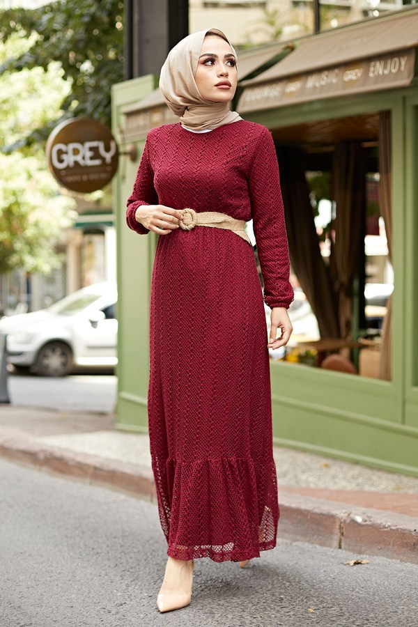  - Eteği Fırfırlı Dantel Elbise 7229-5 Bordo