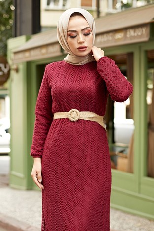 Eteği Fırfırlı Dantel Elbise 7229-5 Bordo - Thumbnail