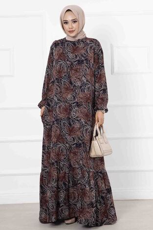 Eteği Fırfırlı Desenli Elbise Lacivert - Thumbnail
