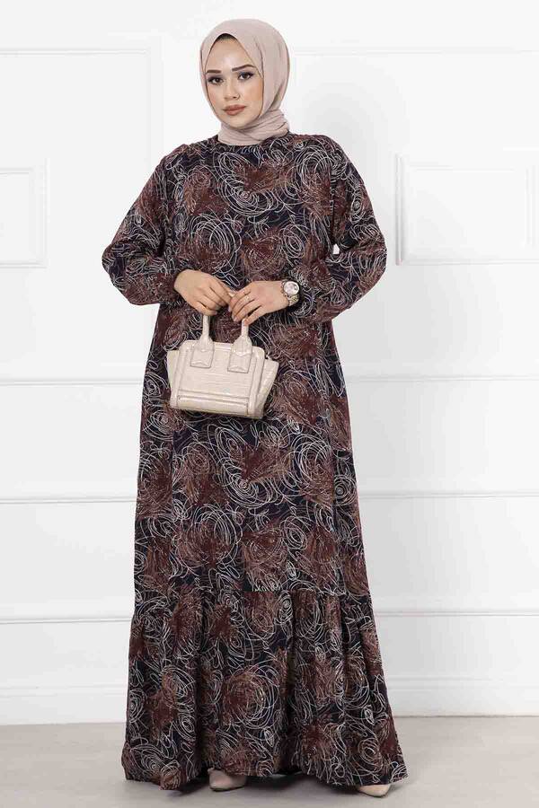 Eteği Fırfırlı Desenli Elbise Lacivert