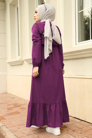 Eteği Fırfırlı Elbise 100MD1278 Şarabi - Thumbnail