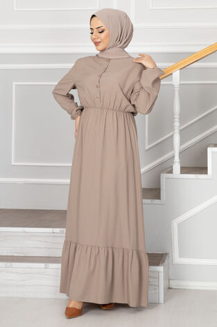 Eteği Fırfırlı Tesettür Elbise 100MD1278 Vizon - Thumbnail