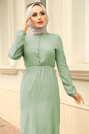 Eteği Fırfırlı Tesettür Elbise 100MD1278 Yeşil - Thumbnail