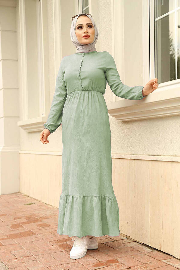 Eteği Fırfırlı Tesettür Elbise 100MD1278 Yeşil