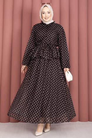 Eteği Fırfırlı Puantiyeli Bluz Etek Takım Kahve - Thumbnail