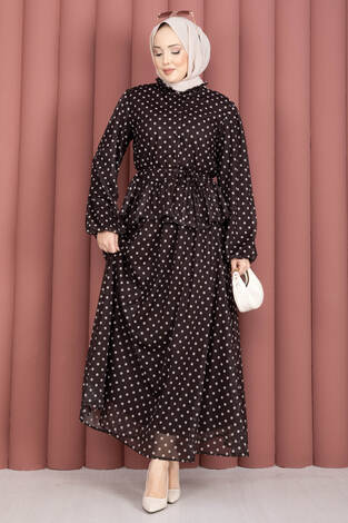 Eteği Fırfırlı Puantiyeli Bluz Etek Takım Kahve - Thumbnail