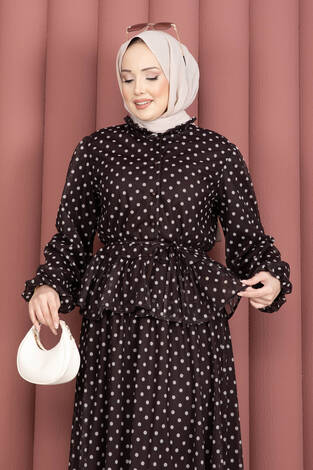 Eteği Fırfırlı Puantiyeli Bluz Etek Takım Kahve - Thumbnail