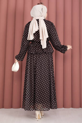 Eteği Fırfırlı Puantiyeli Bluz Etek Takım Kahve - Thumbnail