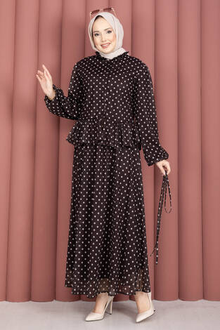 Eteği Fırfırlı Puantiyeli Bluz Etek Takım Kahve - Thumbnail