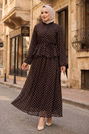 Eteği Fırfırlı Puantiyeli Bluz Etek Takım Kahve