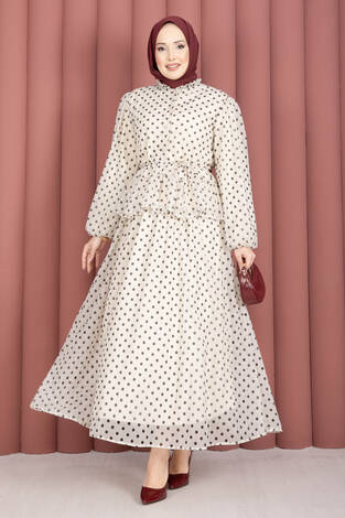 Eteği Fırfırlı Puantiyeli Bluz Etek Takım Krem - Thumbnail