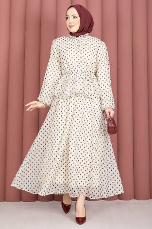 Eteği Fırfırlı Puantiyeli Bluz Etek Takım Krem - Thumbnail