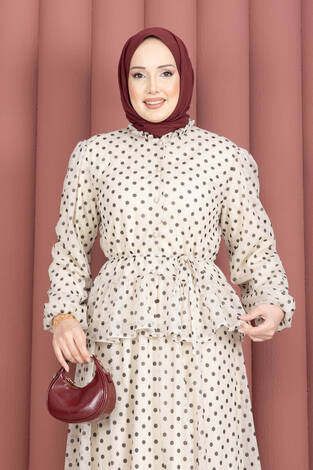 Eteği Fırfırlı Puantiyeli Bluz Etek Takım Krem - Thumbnail