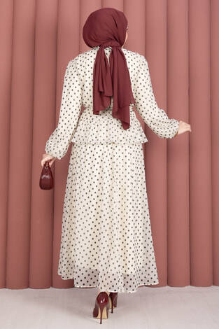 Eteği Fırfırlı Puantiyeli Bluz Etek Takım Krem - Thumbnail