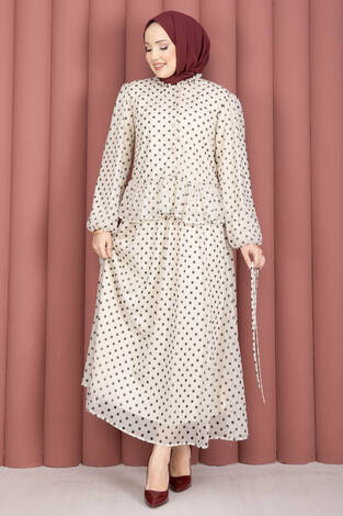 Eteği Fırfırlı Puantiyeli Bluz Etek Takım Krem - Thumbnail