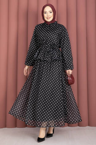 Eteği Fırfırlı Puantiyeli Bluz Etek Takım Siyah - Thumbnail