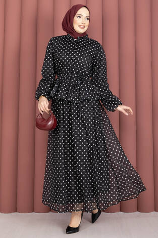 Eteği Fırfırlı Puantiyeli Bluz Etek Takım Siyah - Thumbnail