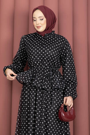 Eteği Fırfırlı Puantiyeli Bluz Etek Takım Siyah - Thumbnail