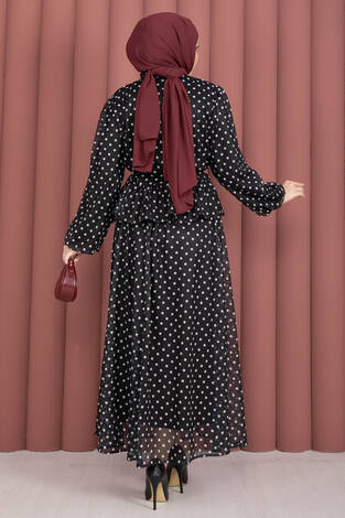 Eteği Fırfırlı Puantiyeli Bluz Etek Takım Siyah - Thumbnail