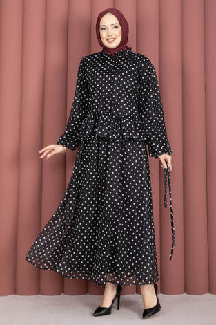 Eteği Fırfırlı Puantiyeli Bluz Etek Takım Siyah - Thumbnail