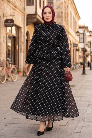 Eteği Fırfırlı Puantiyeli Bluz Etek Takım Siyah - Thumbnail