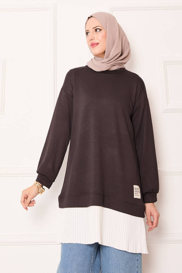 Eteği Pilise Garnili Salaş Tunik Kahve - 3