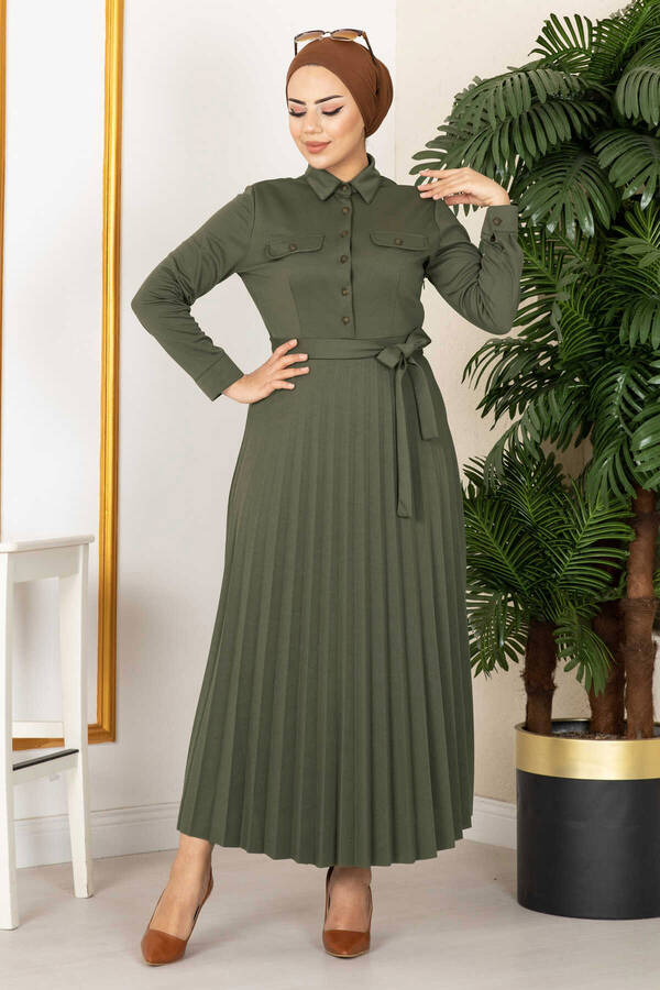Eteği Piliseli Elbise 100MD21515 Çağla Yeşili